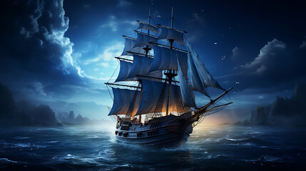 Night sailing, wallpaper, a large junk ship floating in the middle of the water at night.