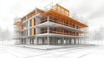 Architectural rendering of a building under construction, showcasing the structural framework and surrounding landscape.