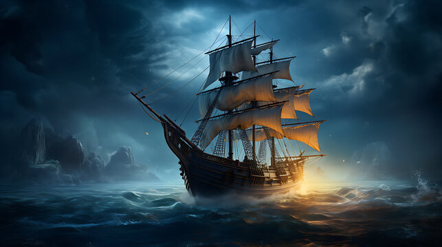 Night sailing, wallpaper, a large junk ship floating in the middle of the water at night.
