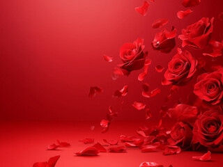 Flying petals and red roses on a red background with copy space. Creative floral levitation in the air nature layout. Romantic Ambience vibes
