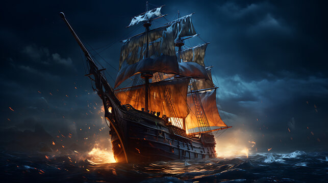 Night sailing, wallpaper, a large junk ship floating in the middle of the water at night.