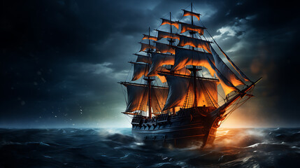 Fototapeta premium Night sailing, wallpaper, a large junk ship floating in the middle of the water at night.
