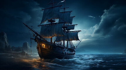 Fototapeta premium Night sailing, wallpaper, a large junk ship floating in the middle of the water at night.