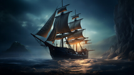 Obraz premium Night sailing, wallpaper, a large junk ship floating in the middle of the water at night.
