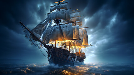 Obraz premium Night sailing, wallpaper, a large junk ship floating in the middle of the water at night.