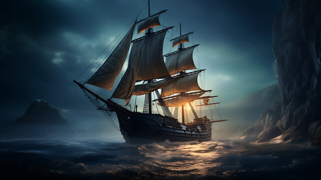 Night sailing, wallpaper, a large junk ship floating in the middle of the water at night.