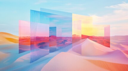 Abstract desert landscape with colorful glass panels reflecting the dunes.