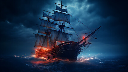 Obraz premium Night sailing, wallpaper, a large junk ship floating in the middle of the water at night.
