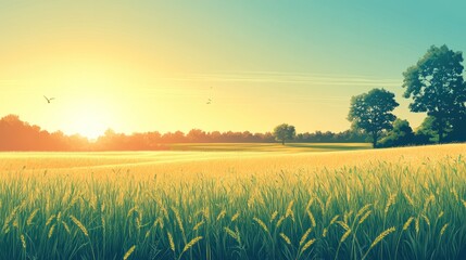 Serene sunrise over golden wheat field.