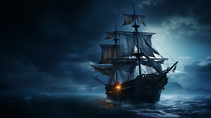 Night sailing, wallpaper, a large junk ship floating in the middle of the water at night.