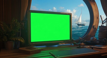 Fototapeta premium Green Screen Monitor on Ship at Sea
