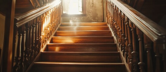 Sunlit wooden staircase with ornate banister.