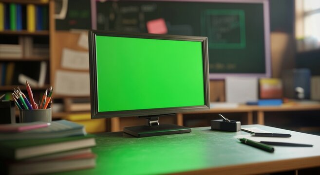 Green Screen Computer Monitor on Desk in Classroom