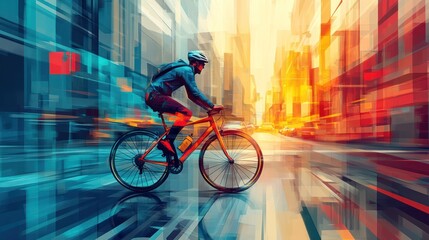Cyclist speeding through vibrant city streets at sunrise.