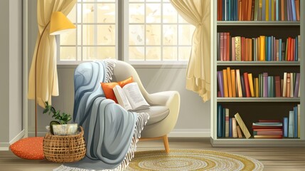Fototapeta premium Cozy reading nook with armchair, bookshelves, and window.
