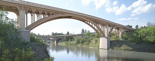 Fototapeta premium Scenic View of Arched Bridges Over a River with Lush Greenery and Clear Sky