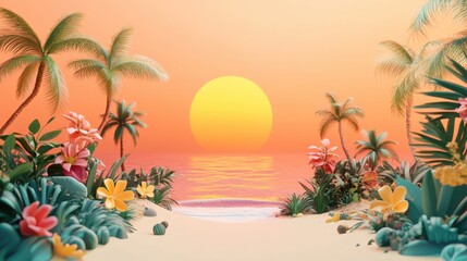 Obraz premium Tranquil Sunset Paradise: Tropical Beach Scene with Lush Flora and Vibrant Colors at Golden Hour