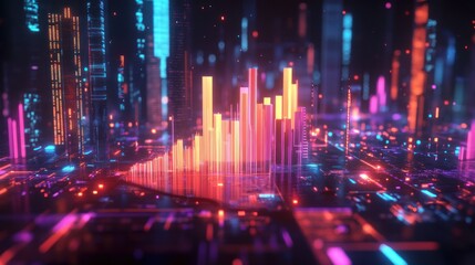 Fototapeta premium Futuristic city with glowing digital graphs.