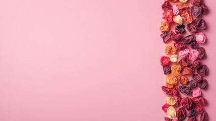 16.A textured chocolate bar with vivid freeze-dried fruit pieces arranged neatly on a smooth pink background, creating a balanced composition with space for copy.