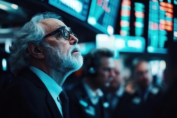 Fototapeta premium dramatic headlines on stock market crash displayed on a digital screen surrounded by anxious traders a chaotic yet focused financial atmosphere