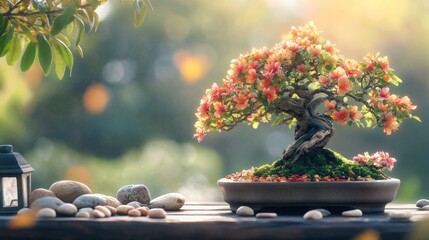 Blooming bonsai tree in a pot on a wooden table, outdoors.