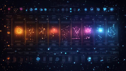 Cosmic timeline infographic showing celestial events & constellations.
