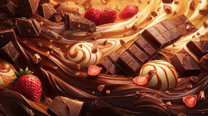 36.A vibrant illustration of assorted chocolate bars paired with cocoa fruit, chocolate flakes, and swirling shavings, emphasizing the luxurious appeal of Valentine and White Day treats.