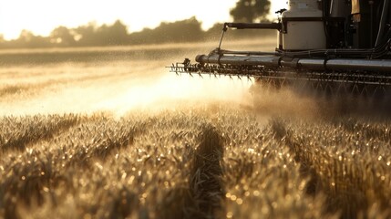 Fototapeta premium A close-up of agricultural machinery spraying crops in a field at sunset.
