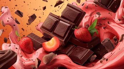 36.A vibrant illustration of assorted chocolate bars paired with cocoa fruit, chocolate flakes, and swirling shavings, emphasizing the luxurious appeal of Valentine and White Day treats.