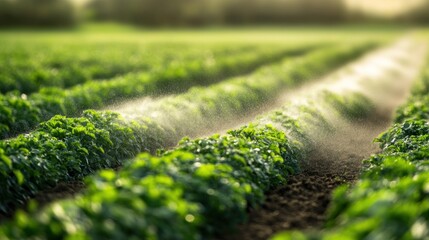 Lush green potato plants in rows being irrigated with water spray in a sunny field.