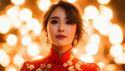 Fototapeta premium Elegant Woman in Red Traditional Chinese Dress Against a Warm Bokeh Background