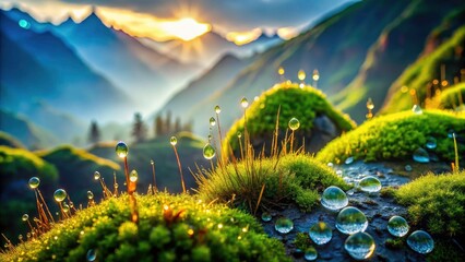 Naklejka premium Misty Mountain Macro Photography: Dewdrops, Moss, and Fog - High-Resolution Nature Images