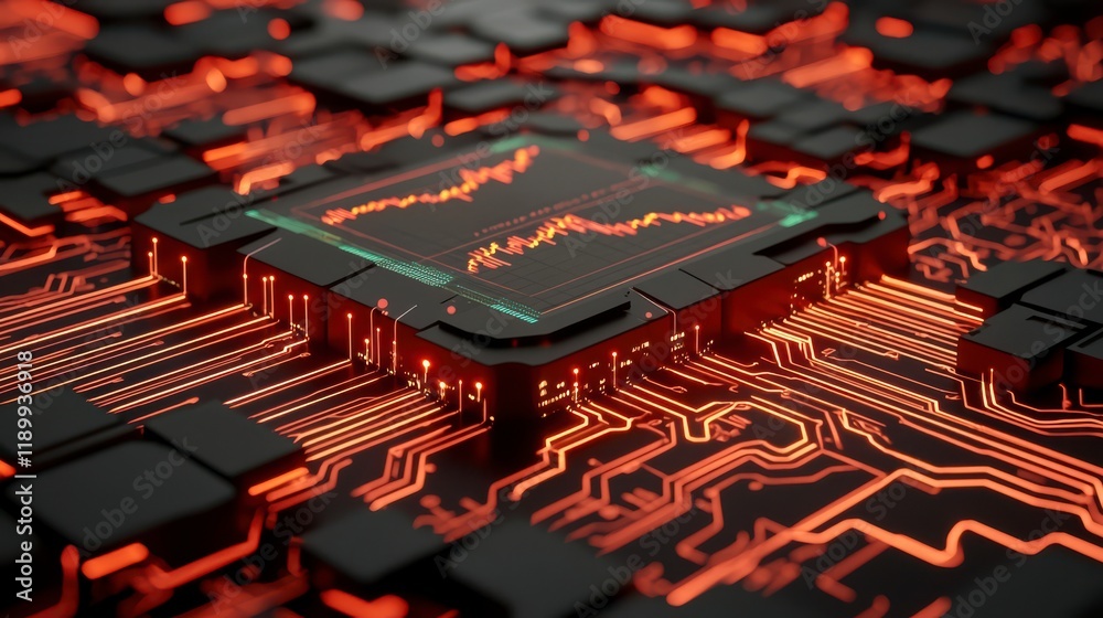 Poster a close-up view of a glowing circuit board with intricate patterns and a central chip, showcasing a 