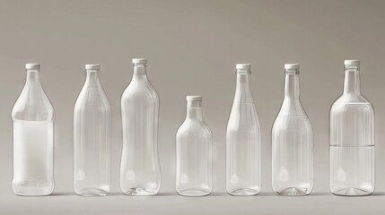 51.A set of milk bottles of differing capacities, rendered with realistic details, showcasing clear plastic textures and uniform designs in a vector format.
