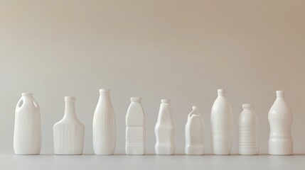 52.A collection of plastic milk bottles, ranging from small to large sizes, displayed with consistent proportions and smooth, glossy surfaces.