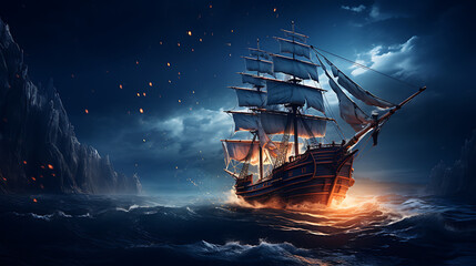 Fototapeta premium Night sailing, wallpaper, a large junk ship floating in the middle of the water at night.