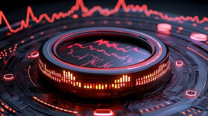A futuristic digital interface displays vibrant red waveforms and data metrics, suggesting advanced technology or audio visualization.