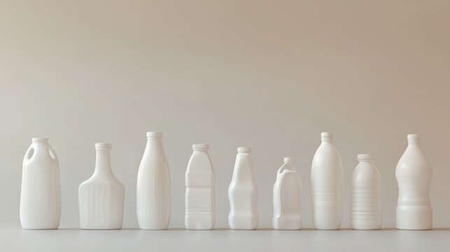 52.A collection of plastic milk bottles, ranging from small to large sizes, displayed with consistent proportions and smooth, glossy surfaces.