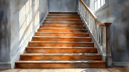 Sunlit wooden staircase in a vintage building.