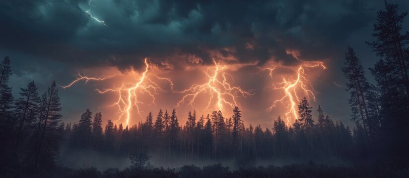 Fierce lightning strikes illuminate a dark forest during a stormy night.