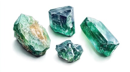 Four vibrant green fluorite crystals isolated on white.