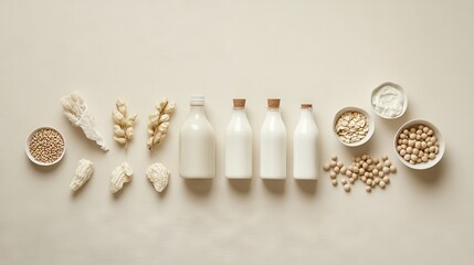 81.A flat-lay of alternative milk bottles, arranged with clusters of oatmeal and soybeans, styled against a neutral beige surface for a clean and natural look.