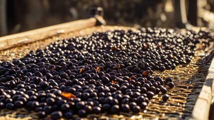 Fototapeta premium A close-up of freshly harvested coffee beans drying on a mesh surface.