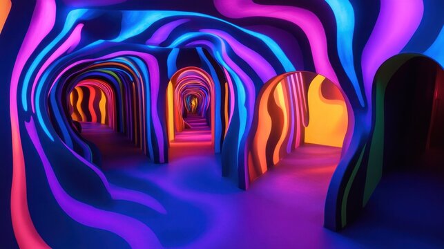 Psychedelic neon archway tunnel, vibrant colors.