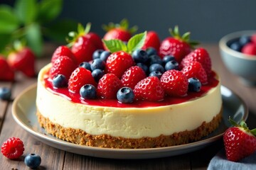 Cheesecake topped with a colorful arrangement of fresh berries, toppings, dessert