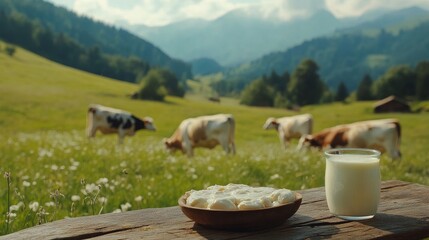 Fototapeta premium 91.Dairy Products on Wooden Table with Grazing Cows in Meadow