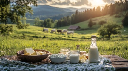 Fototapeta premium 92.A rustic wooden table filled with dairy products including a bottle of milk, a bowl of cottage cheese, a jar of yogurt, and a slab of butter, set against a lush green meadow with grazing cows in