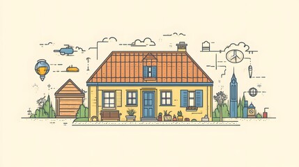 Line art illustration of a charming house with a garden and surrounding elements.