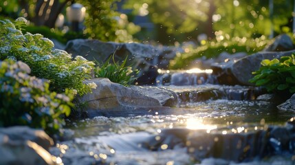 Fototapeta premium Tranquil Garden Stream Flowing Through Sunlit Rocks Surrounded by Lush Foliage and Delicate Flowers in a Peaceful Nature Setting