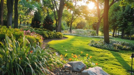 Tranquil Garden Scene at Sunrise with Lush Green Grass, Colorful Flower Beds, and Majestic Trees Illuminated by Soft Morning Light in a Serene Park Setting